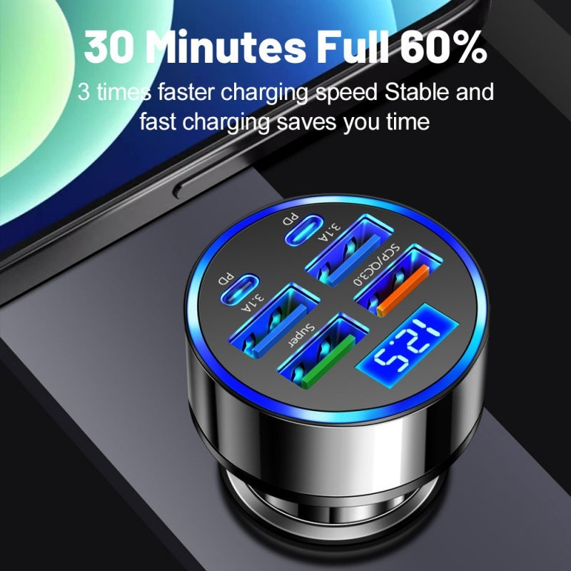 Six-in-one Multi-port Digital Display Support Ultra-fast Car Charger